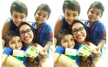 Mariana Oliveira e os filhos Arthur, Heitor e Matheus -