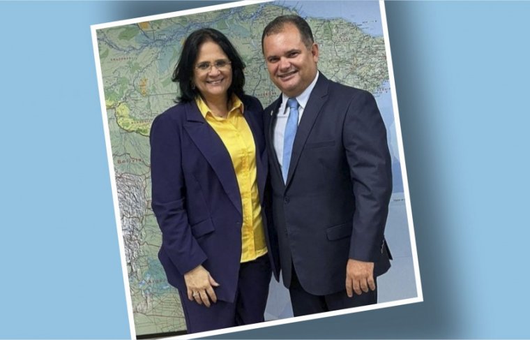 Prefeito de Muricilândia, Alessandro Borges e a ministra Damares Alves. Foto: Reprodução / Efeitos: Cícera Maria