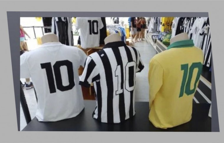 Camisas do Rei Pelé expostas no museu Memorial das Conquistas "Milton Teixeira" do Santos Futebol.  Canal Planeta Futebol  / Efeitos: Cícera Maria