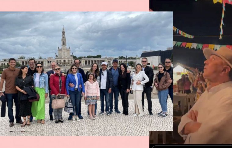 Luiz Pires s família no Santuário de Fátima em Portugal e no festejo de Santo Antônio no Sul do Pará. Foto: Reprodução // Montagem: Cícera Maria