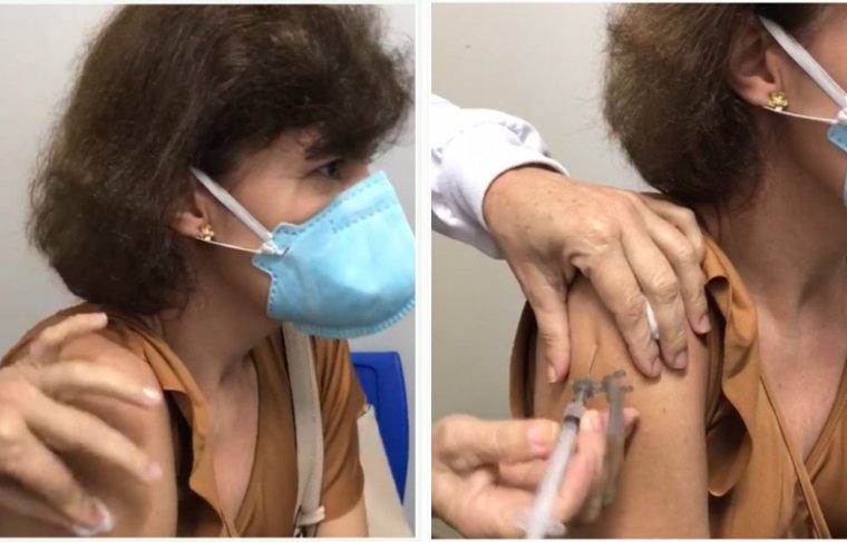 Designer de interiores Adriana Cinthia Lopes Araújo (com comorbidade) é vacinada contra covid-19 em Araguaína - Crédito: Álbum de Família