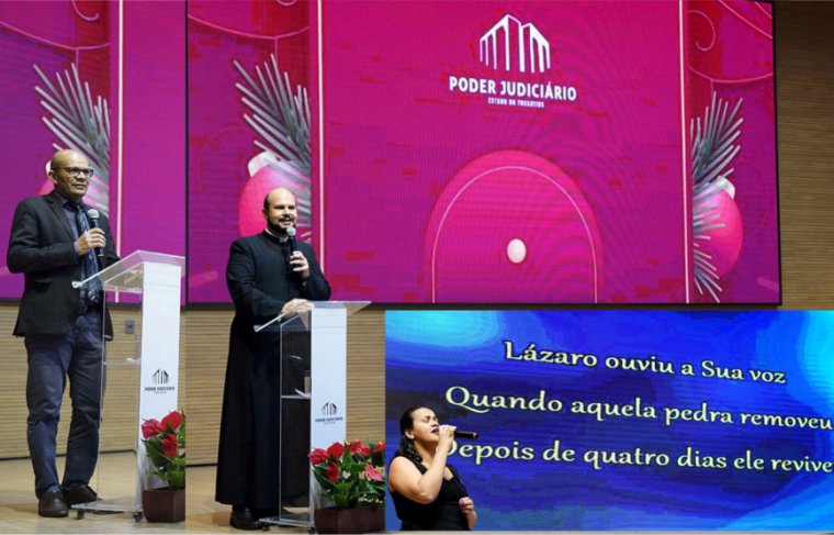 Diretor financeiro do TJTO e pastor da Assembleia de Deus Gizelson (esq. p/ dir.), padre Eduardo Zanom e servidora Regiane Peixoto, enfermeira do Centro de Saúde do TJTO Foto: Rondinelli Ribeiro