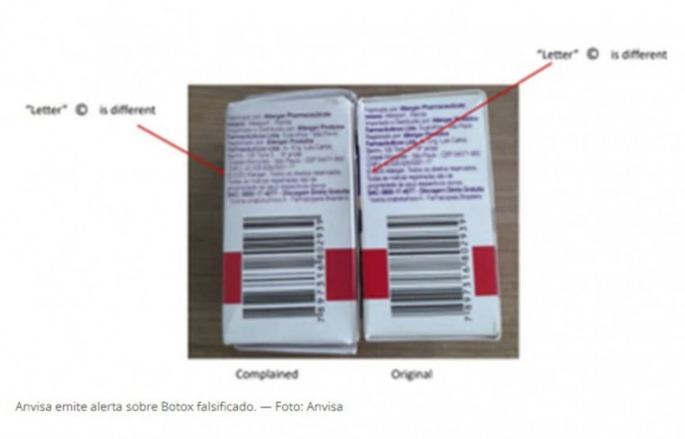 A "letra c" em uma das faces da embalagem secundária é diferente no produto falsificado. 