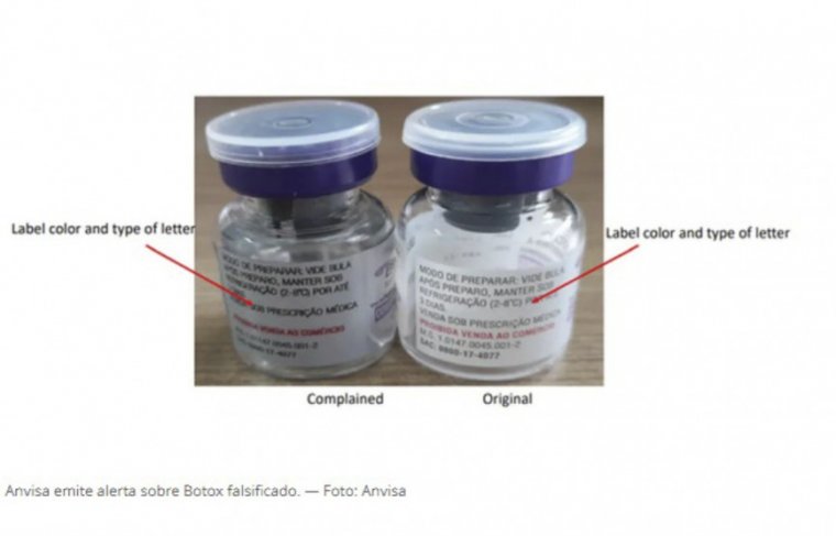 A cor do rótulo e o tipo da letra utilizados na embalagem primária (frasco-ampola) do produto original são diferentes do falsificado.    