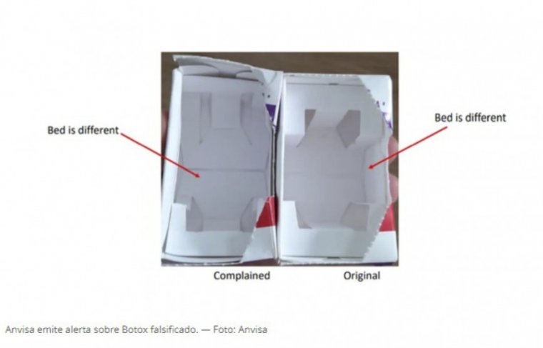 A parte interna da embalagem secundária do produto falsificado apresenta diferenças em relação ao original. 