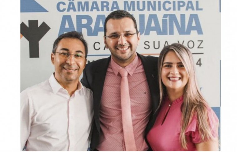 Prefeito de Araguaína Wagner Rodrigues, o presidente da Câmara vereador Marcos Duarte e a esposa Stephanie Borges Ascom Câmara Municipal Araguaína