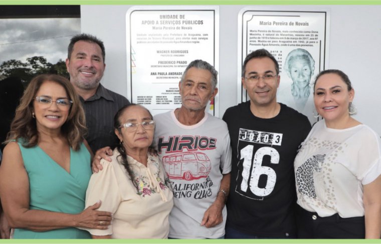 Vereadora Zezé Cardoso, Israel da Terezona (Vereador em exercício), prefeito de Araguaína Wagner Rodrigues, secretária de Saúde Ana Paula e os filhos da homenageada José e Floracir  